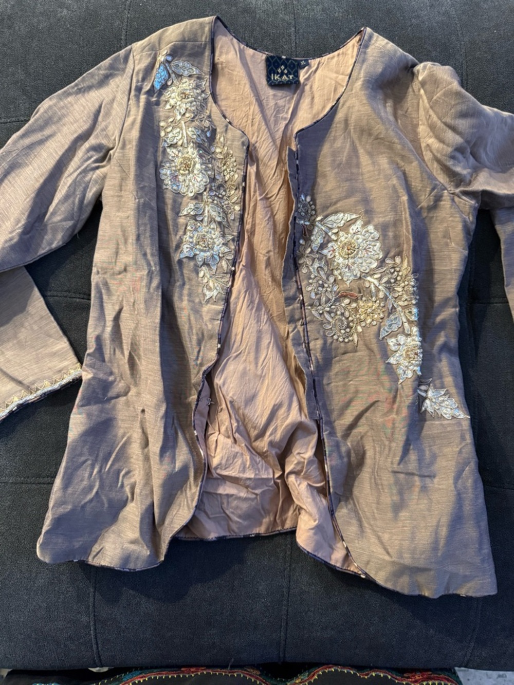 Embroidered Open-Front Taupe Jacket